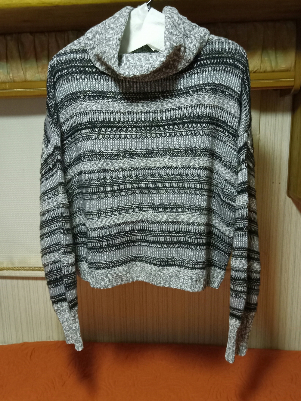 Cozy Black & Gray Striped Cowl Neck Sweater